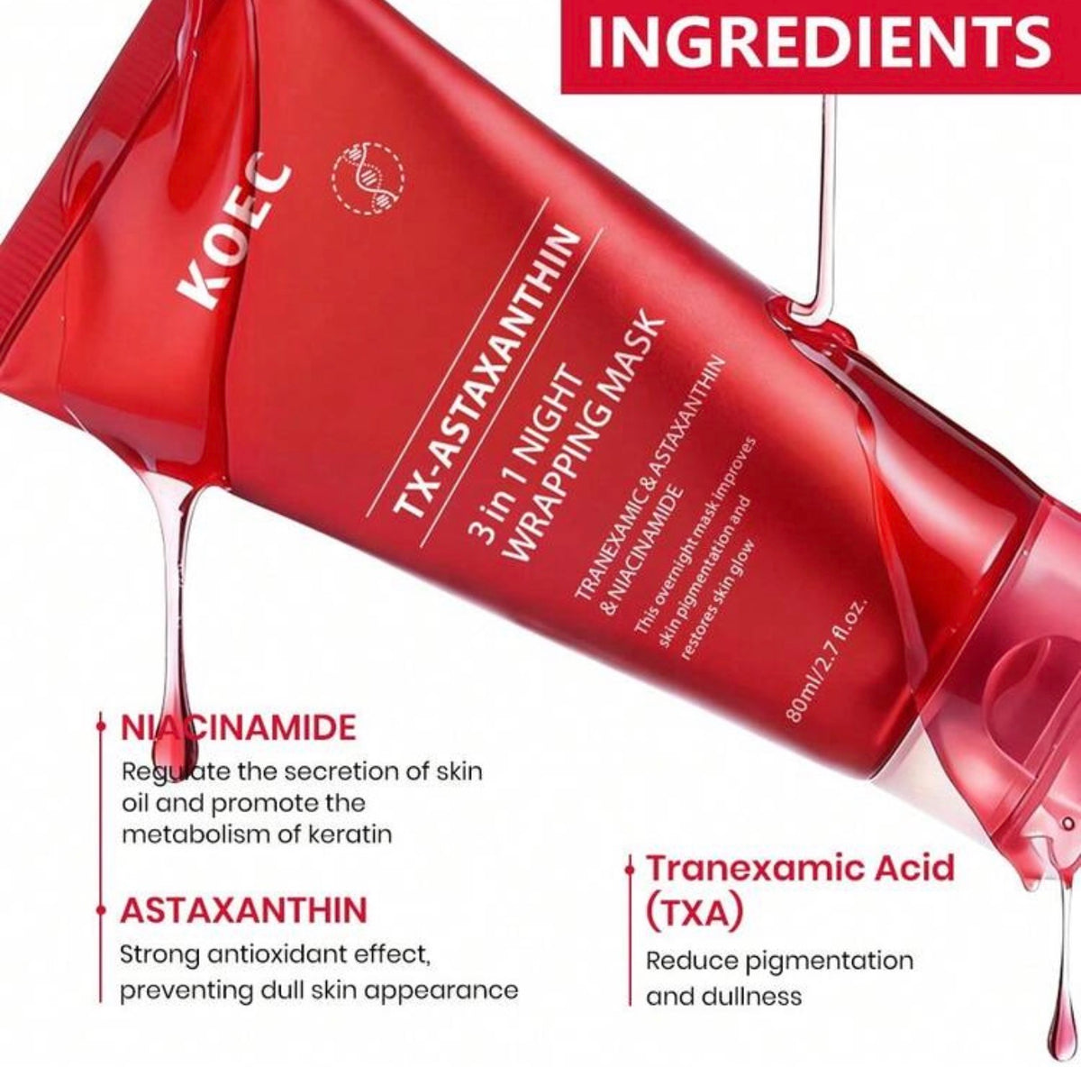 KOEC TX-Astaxanthin 3-In-1 Night Mask, Elastic Moisturizing Care, Reduces Sagging And Dullness - Overnight Glass Skin Peeling Mask, Suitable For All Skin Types, Korean Skincare Kadosh on Beauty