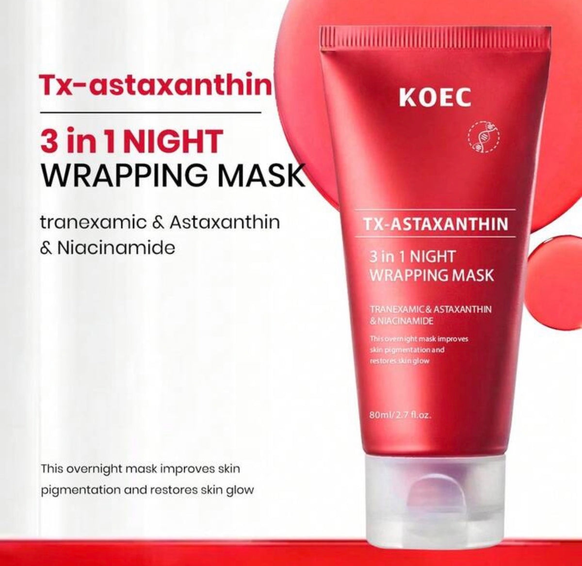 KOEC TX-Astaxanthin 3-In-1 Night Mask, Elastic Moisturizing Care, Reduces Sagging And Dullness - Overnight Glass Skin Peeling Mask, Suitable For All Skin Types, Korean Skincare Kadosh on Beauty